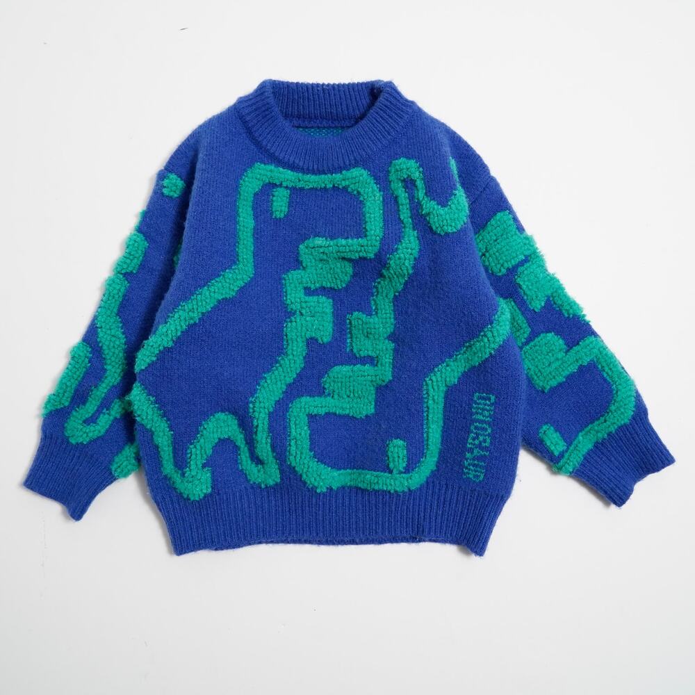 Toddler Blue Dinosaur Knit Sweater Fuzzy Loop Graphic Crewneck 2T 3T 4T